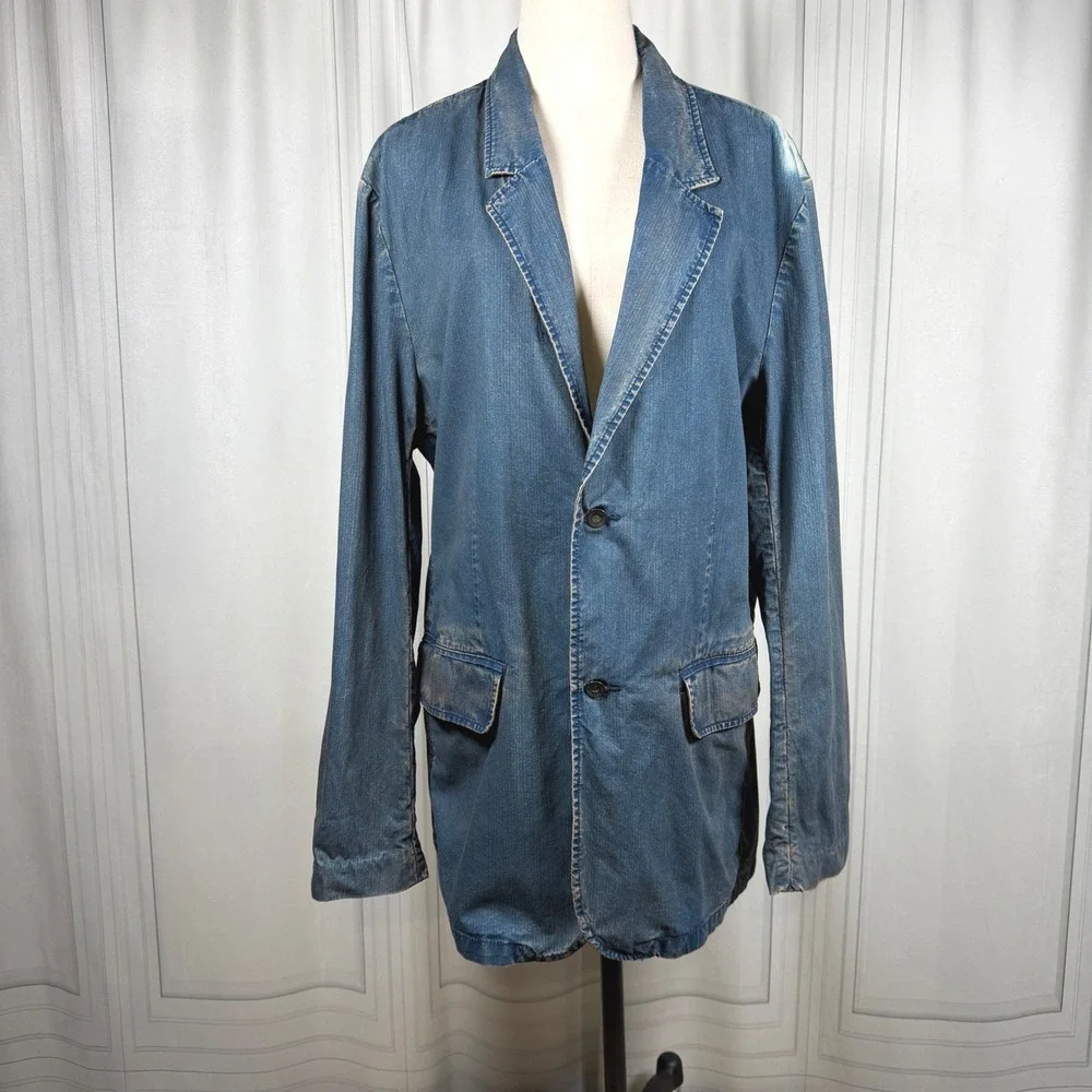 Vintage GAP Denim Blazer Jacket L Dirty Wash Y2K 2000s 100% Cotton Flap Pockets